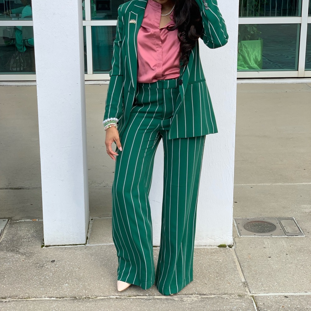 Green Striped 2 piece Suit Set